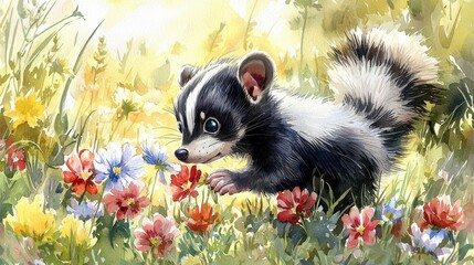 Fototapeta premium A cute skunk explores a vibrant field of colorful flowers, showcasing the beauty of nature and wildlife in a serene setting.