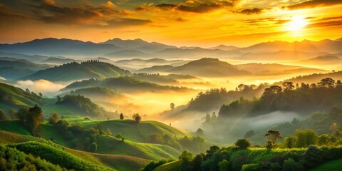 Obraz premium Ethereal Sunrise Over Misty Mountain Valley - Vintage Landscape Photography