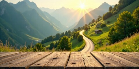 Fototapeta premium Rustic Wooden Tabletop Overlooking a Serene Mountain Road at Sunset, Golden Hour Landscape Featuring Rolling Hills and Lush Green Meadows