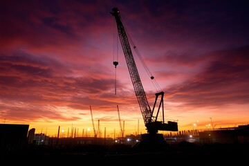 Fototapeta premium Silhouette of crane at construction site against vibrant sunset. Symbol of progress and urban development