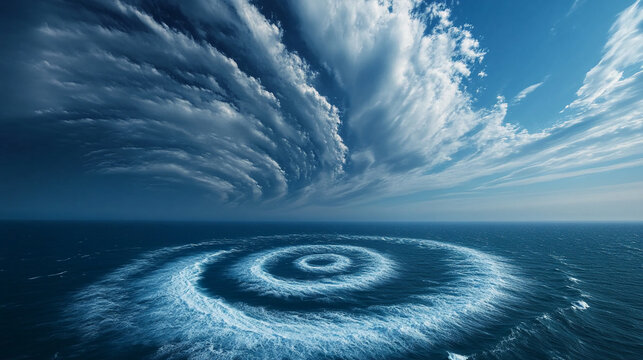 A mesmerizing spiral of clouds over the ocean with a surreal vortex pattern, symbolizing nature's powerful forces and atmospheric dynamics at play above the sea.