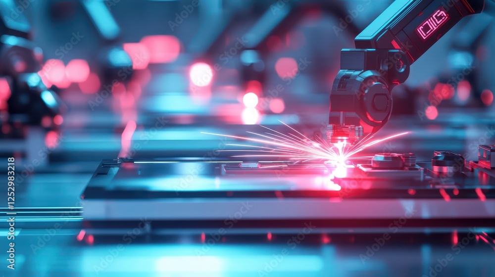 Poster advanced factory floor featuring robots and laser technology.