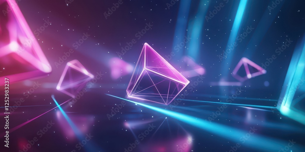 Poster abstract geometric shape in space with glowing illumination.