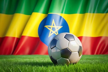 Naklejka premium Ethiopian Soccer Ball Collision: Candid Grassy Field Action Shot