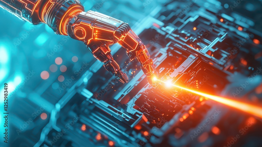 Poster a robotic arm using lasers with a glowing effect.