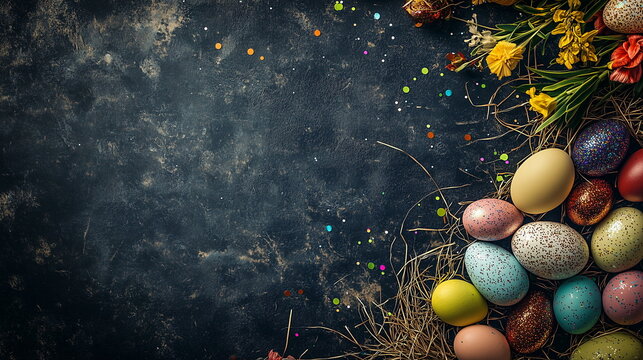 Easter background with colorful eggs, flowers, and hay on a dark stone table. Easter concept with copy space. Top view. Flat lay. Black background. Horizontal web banner for social media. Wallpaper.