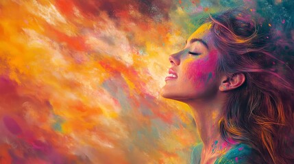 Indian Woman Celebrating Holi Festival with Vibrant Colorful Powder Explosion, Traditional Cultural Celebration Depicting Joy and Happiness, Ai Generated Images
