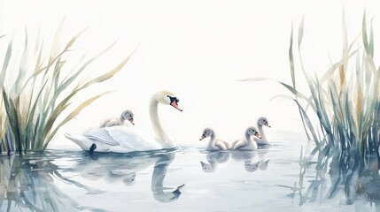 Obraz premium A serene watercolor scene depicting a mother swan and her three cygnets gliding gently on a calm, reflective pond surrounded by soft reeds.