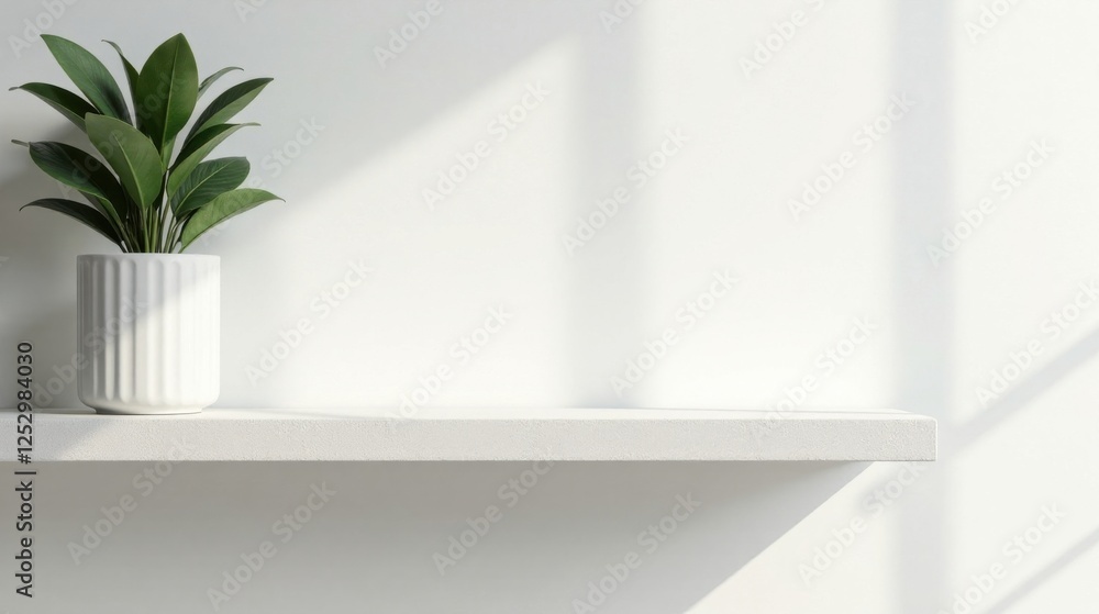 Aufkleber simple white shelf with potted plant and sunlight shadows creating a minimalist display