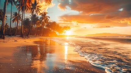 Amazing sunset over the ocean. The warm colors of the sky and the gentle waves of the sea create a peaceful and relaxing scene.