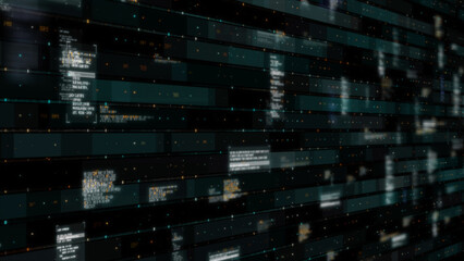 Futuristic Digital Code Stream with Horizontal Data Bars and Text Elements on Dark Background - Cyber Security and Information Technology Visualization