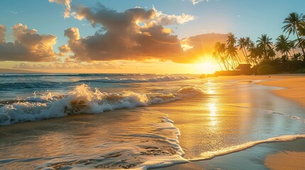 Naklejka premium Amazing sunset over the ocean. The warm colors of the sky and the gentle waves create a peaceful and relaxing scene.