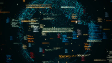 Abstract Global Data Network Visualization with Floating Text and Code Elements on Dark Background - Futuristic Cyber Security and Information Technology Concept