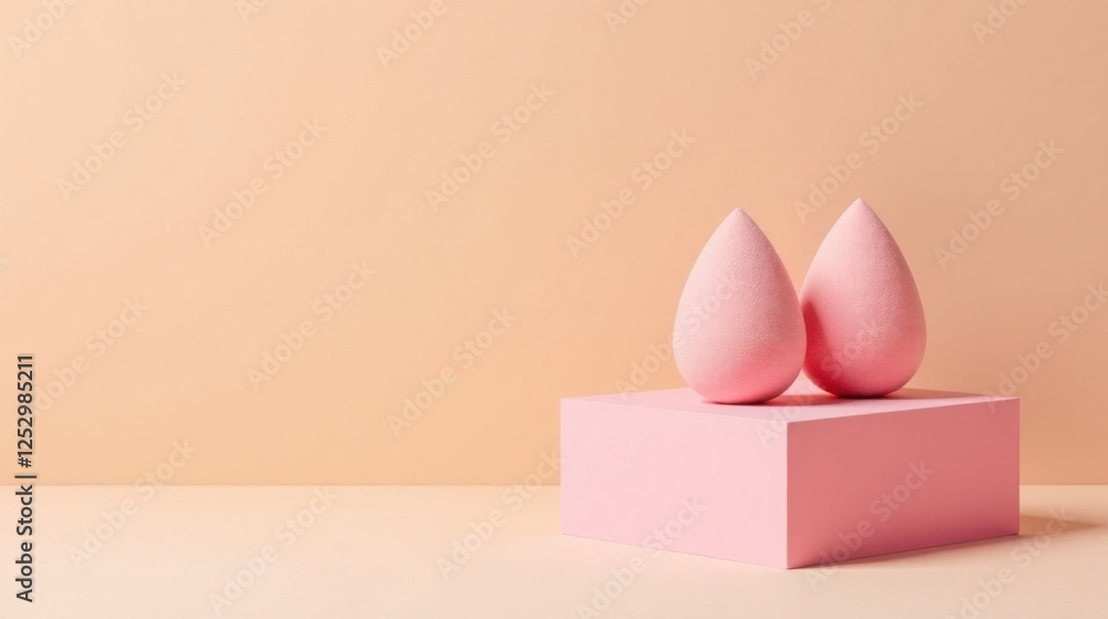 Poster pastel pink makeup sponges resting on a matching cube against a soft peach background