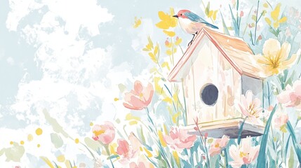 Hello spring greeting card invitation with birdhouse. Floral springtime hand drawn illustration.