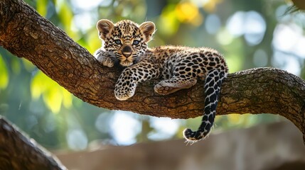 Fototapeta premium A young leopard cub lounges on a branch, showcasing its distinctive spotted fur against a vibrant, leafy backdrop.