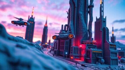 Fototapeta premium Futuristic cityscape at dusk with flying vehicles, towering skyscrapers, and colorful clouds