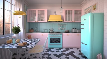 A beautifully designed retro kitchen with pastel pink and teal cabinets, a vintage-style refrigerator, and classic chrome furniture, evoking a charming 1950s American diner aesthetic