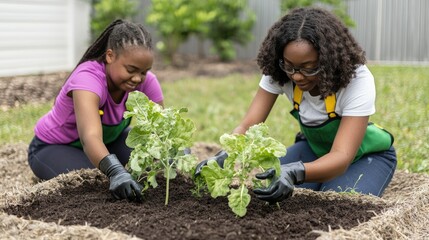 Two women are planting seedlings in a garden, showcasing teamwork and a love for gardening in a...