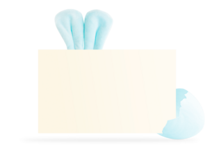 Yellow invitation or greeting card with copy space hatching from half of eggshell with soft fluffy blue bunny ears on top isolated on white background used for celebration of spring easter holiday