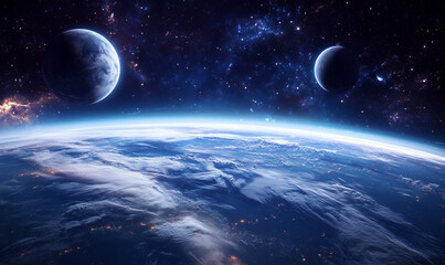 Obraz premium View of Earth from space with two distant planets