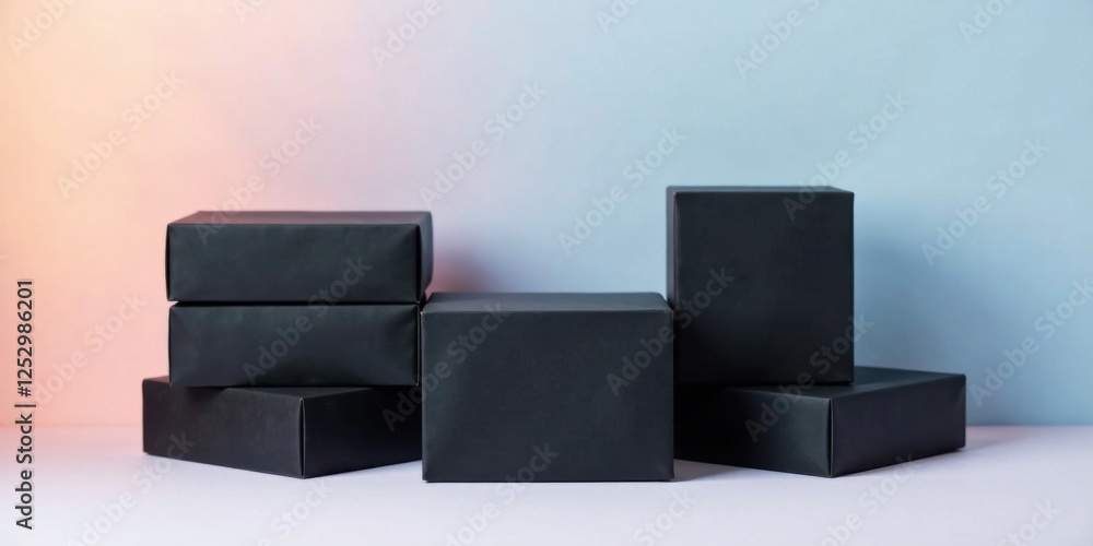 Poster unveiling a mystery stacked black cardboard boxes against a soft gradient background