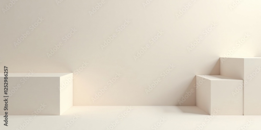 Poster minimalist cream-colored cuboid platforms against a neutral background for product display and prese