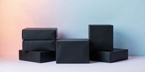 Unveiling a Mystery Stacked Black Cardboard Boxes Against a Soft Gradient Background
