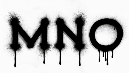 Letters M N O, part of alphabet. Black liquid spray paint font. Dripping paint on white background, typography
