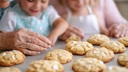 A joyful scene of children and an elder baking cookies together, celebrating family time with delicious homemade treats.