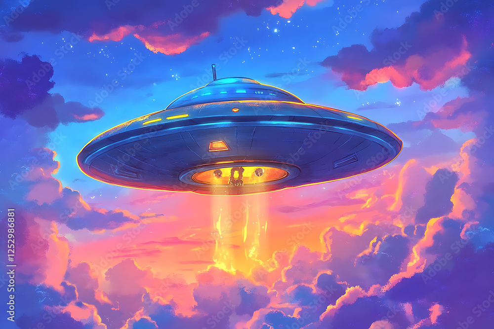 Poster futuristic spaceship hovering above colorful clouds at sunset, with figures illuminated below