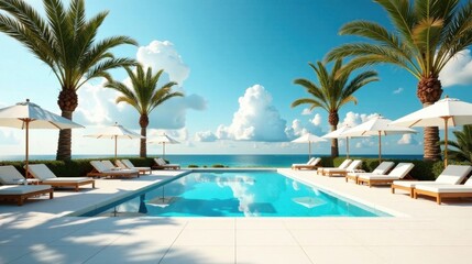 Fototapeta premium Tranquil Poolside Oasis Luxurious Resort Escape Featuring Palm Trees, Sunshades, and Comfortable Lounge Chairs by the Ocean