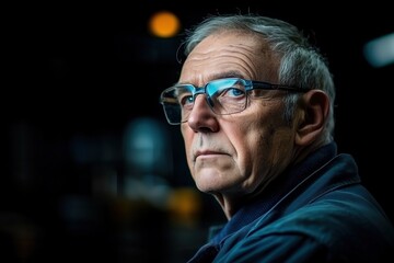 Fototapeta premium Portrait of an older man wearing glasses in a dark industrial setting. Reflects wisdom and experience in industrial environments.