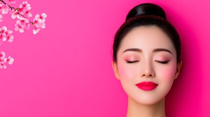 Fototapeta premium Woman with a pink background and a pink flower in the background