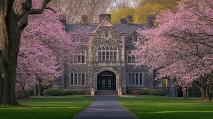 Historic university building surrounded by blooming cherry blossoms in spring