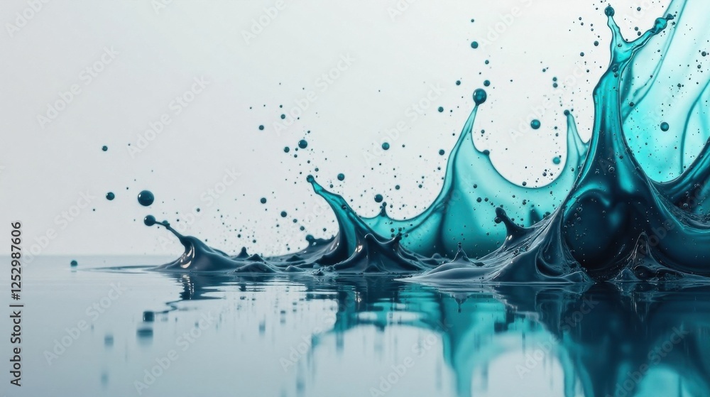 Poster Dynamic Teal Liquid Splashing and Reflecting on a Smooth Surface