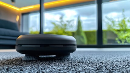 Robotic vacuum cleaner in modern living room home technology indoor contemporary design low angle view