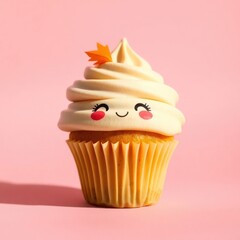 Cute cartoon-style cupcake with smiling face and autumn leaf decoration against a pink background