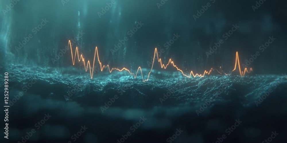 Poster abstract digital landscape with glowing orange line graph data visualization over textured terrain
