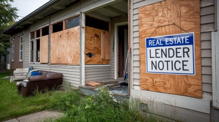 Real estate lender notice on a boarded-up property in foreclosure