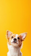 Small dog resting on a bright yellow background with pet grooming seminar theme for realistic photography