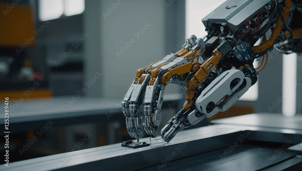 Poster a close-up of a robotic arm precisely lifting fabric, neatly arranging materials on a flat surface.
