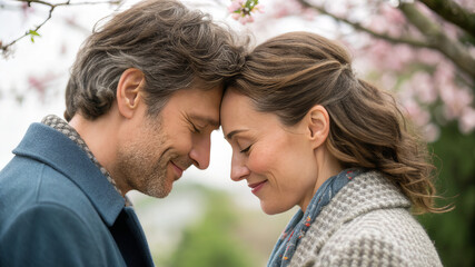 Fototapeta premium Sweet couple moment with foreheads touching outdoors, Valentine’s Day