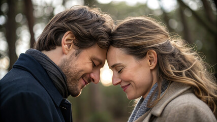 Sweet couple moment with foreheads touching outdoors, Valentine&rsquo;s Day