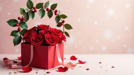 A romantic gift presentation featuring a box of vibrant red roses adorned with a decorative leafy garland and delicate ribbon accents, scattered amidst festive confetti on a soft pink backdrop.