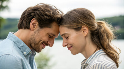 Fototapeta premium Sweet couple moment with foreheads touching outdoors, Valentine’s Day