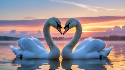 Naklejka premium Two swans making a heart shape, Sunset landscape
