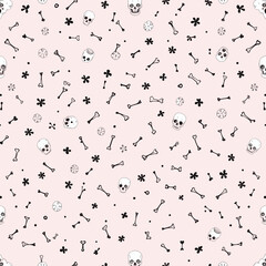 Black skull and bone silhouettes against a light pink background. Vector patterns, random pattern