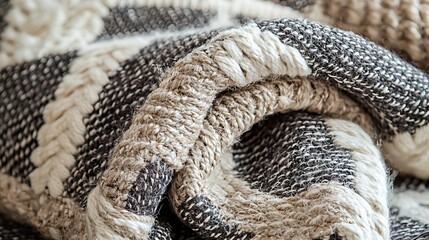 Close-up of a Textured Beige and Gray Woven Throw Blanket