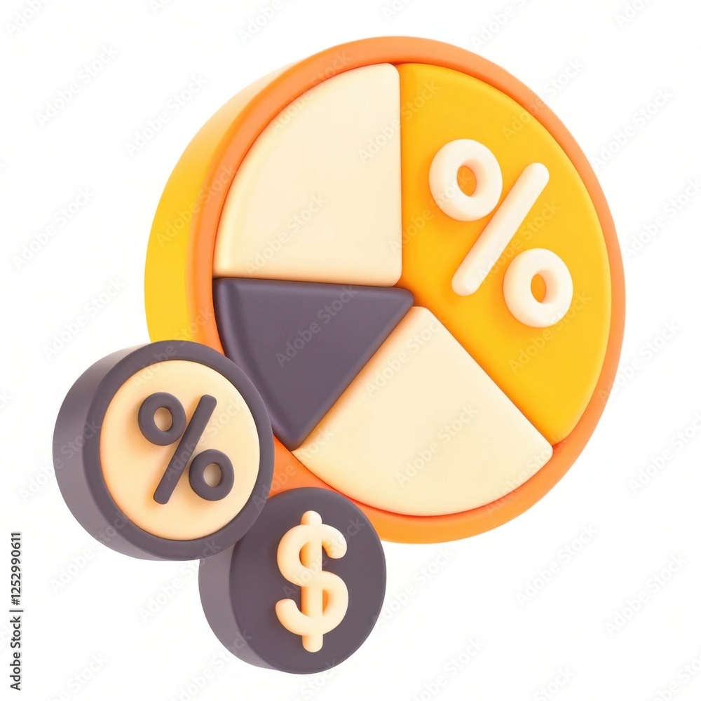 Poster a colorful pie chart with percentage symbols and dollar signs, representing financial data and analy